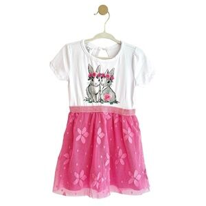 Gigil White & Pink Bunny Dress Flower Embellishment & Tulle Skirt Baby 18-24 MTH